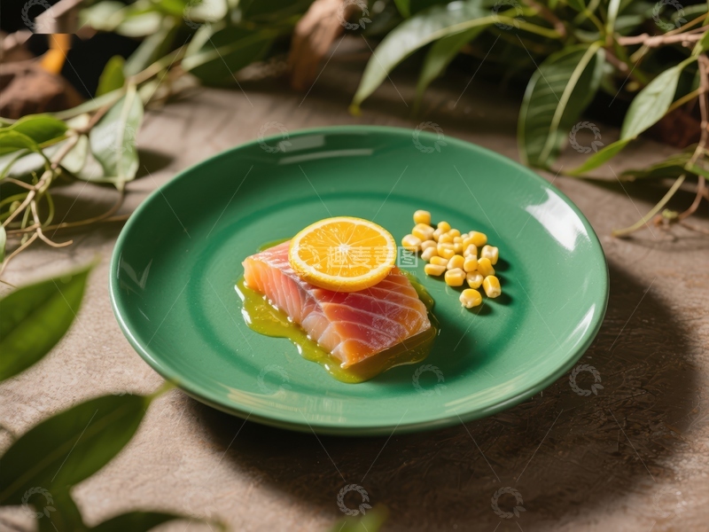高清大图下载【趣麦麦图】绿色盘上的金枪鱼配橙片与玉米粒