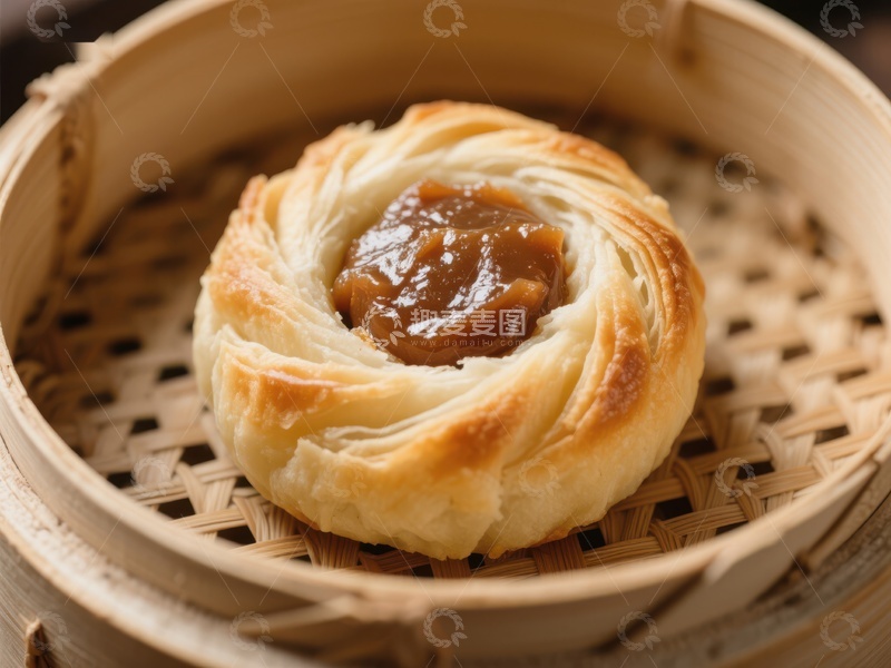 高清大图下载【趣麦麦图】金黄酥皮点心置于竹蒸笼中