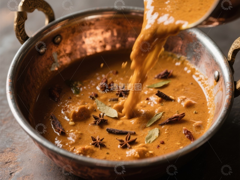 高清大图下载【趣麦麦图】浓郁咖喱倒入铜锅