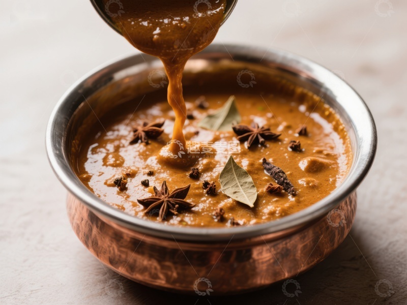 高清大图下载【趣麦麦图】浓郁咖喱酱倒入铜碗