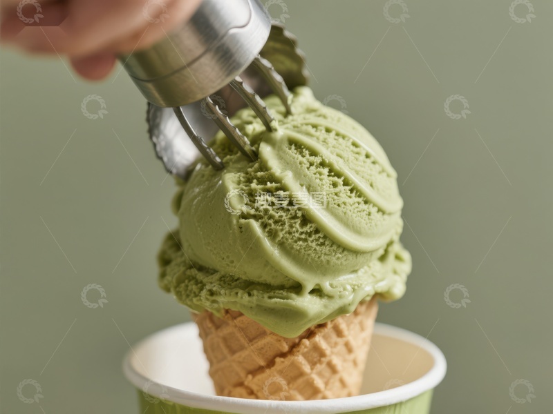 高清大图下载【趣麦麦图】抹茶冰淇淋舀入蛋筒