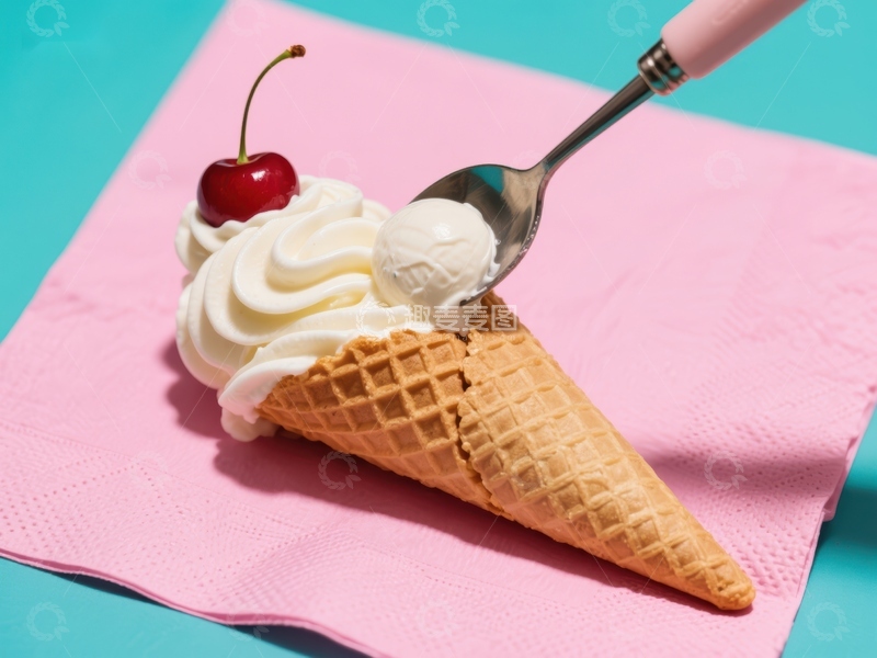 高清大图下载【趣麦麦图】冰淇淋甜筒配樱桃，勺子舀取