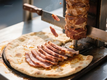 旋转烤肉切片，搭配热饼