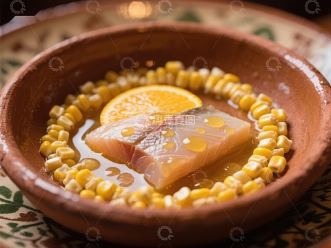 玉米鱼片汤，橙片点缀