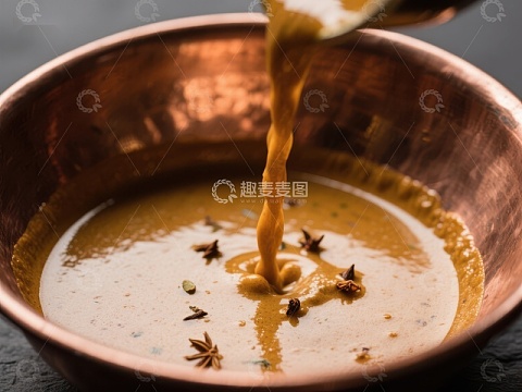 浓郁酱汁倒入铜碗