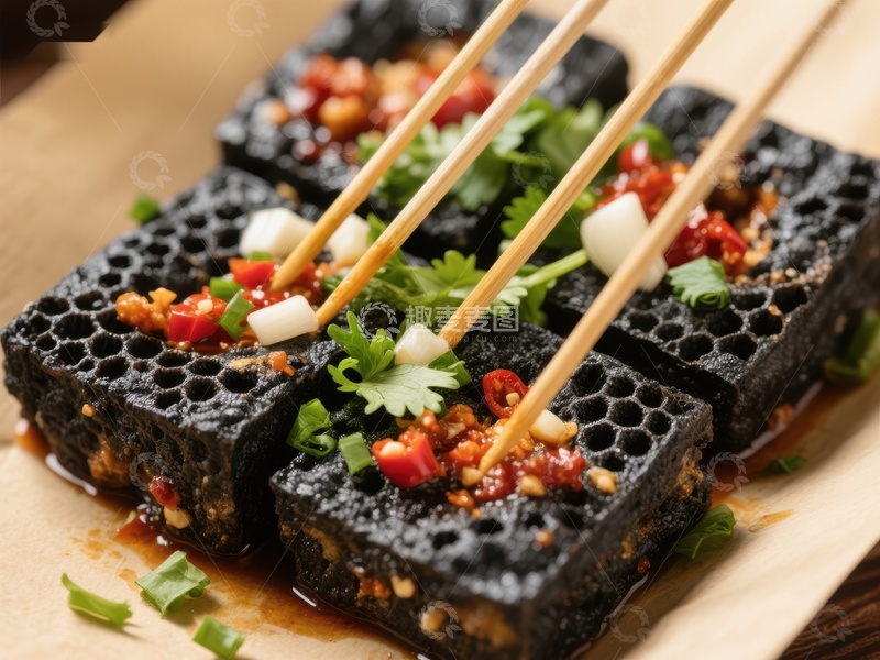 高清大图下载【趣麦麦图】香辣蜂窝豆腐，筷子夹取特写