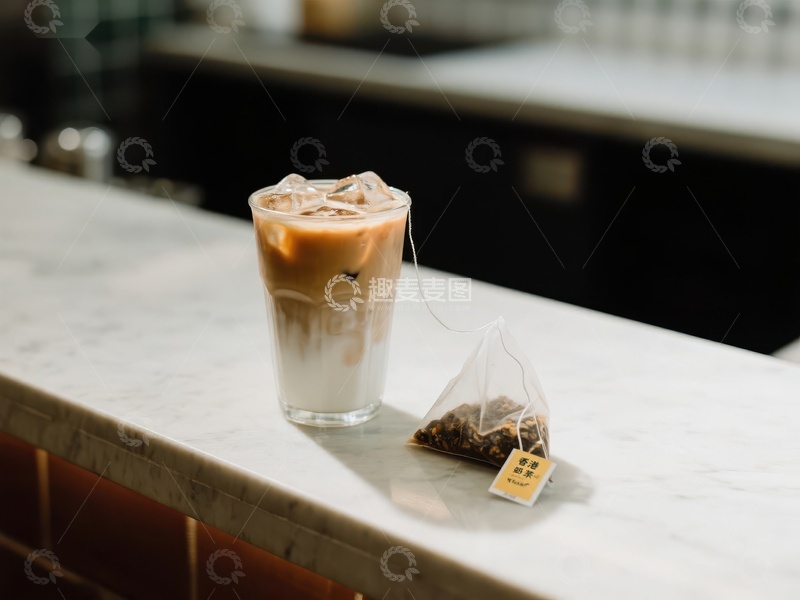 高清大图下载【趣麦麦图】冰茶饮品与茶包静置大理石台面