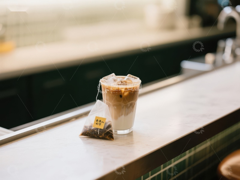 高清大图下载【趣麦麦图】冰咖啡与茶包静置吧台