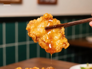 金黄酥炸鸡块淋酱特写
