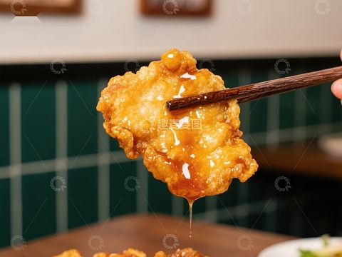金黄酥炸鸡块淋酱特写