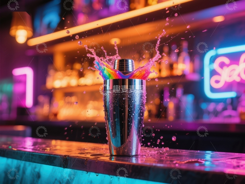 高清大图下载【趣麦麦图】霓虹灯下飞溅的调酒器