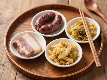 传统美食拼盘：腊肠、腌菜与肉片
