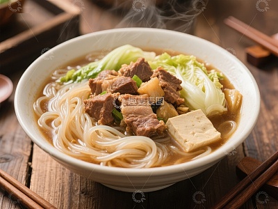 热腾腾的牛肉米粉配白菜豆腐