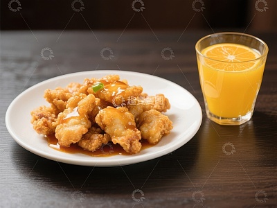 炸鸡块配橙汁，美味餐点