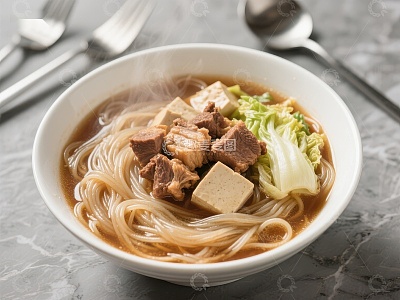 美味牛肉粉丝汤配白菜和豆腐
