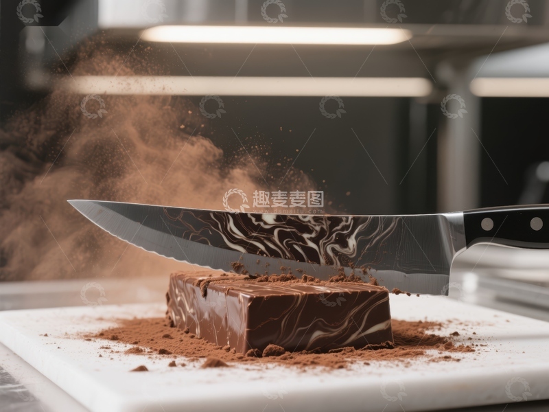 高清大图下载【趣麦麦图】刀切巧克力蛋糕，粉末飞扬瞬间
