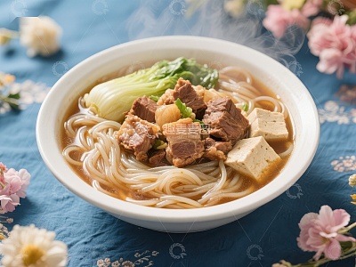 热腾腾的牛肉米粉配豆腐和青菜