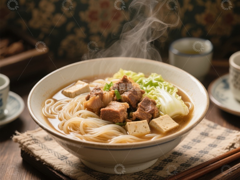 高清大图下载【趣麦麦图】热腾腾的牛肉面配豆腐和青菜