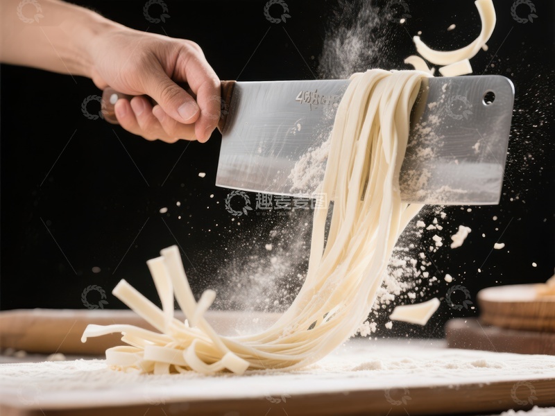 高清大图下载【趣麦麦图】刀切面条，面粉飞扬瞬间