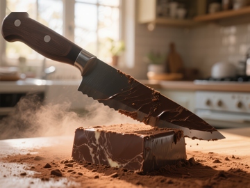 巧克力切割瞬间，刀刃沾满香浓
