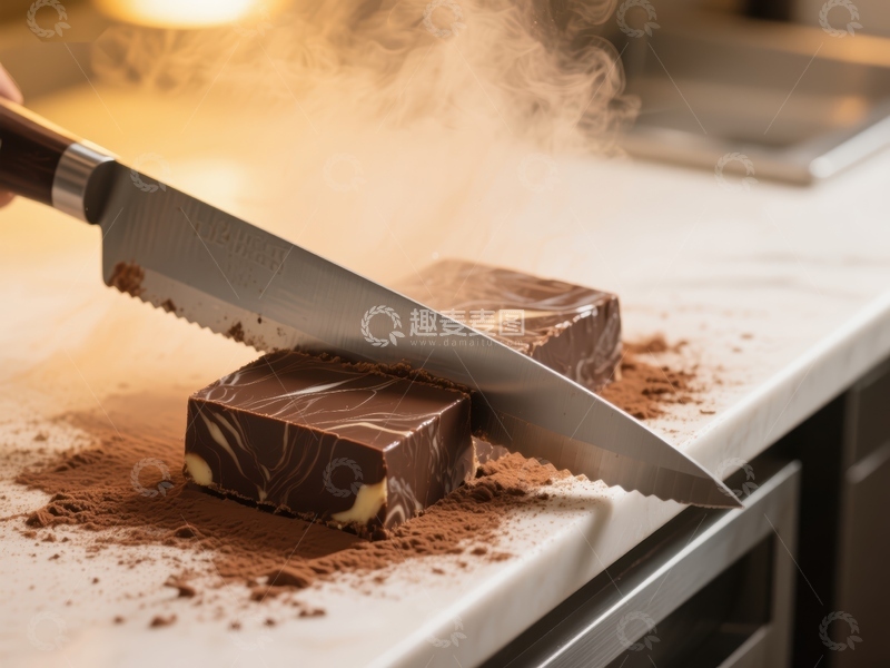高清大图下载【趣麦麦图】刀切巧克力蛋糕，蒸汽袅袅