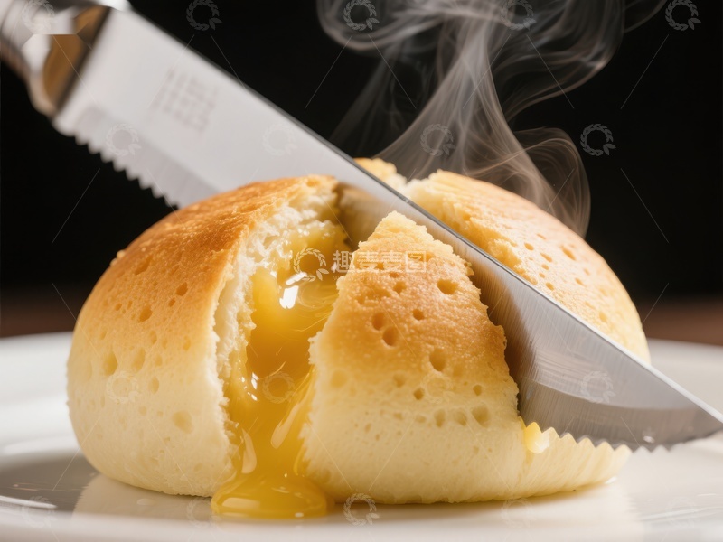 高清大图下载【趣麦麦图】刀切热腾糕点，蛋液流出
