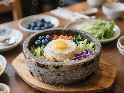 石锅拌饭配煎蛋与新鲜蔬菜