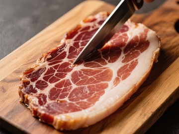 切片培根上的刀具特写