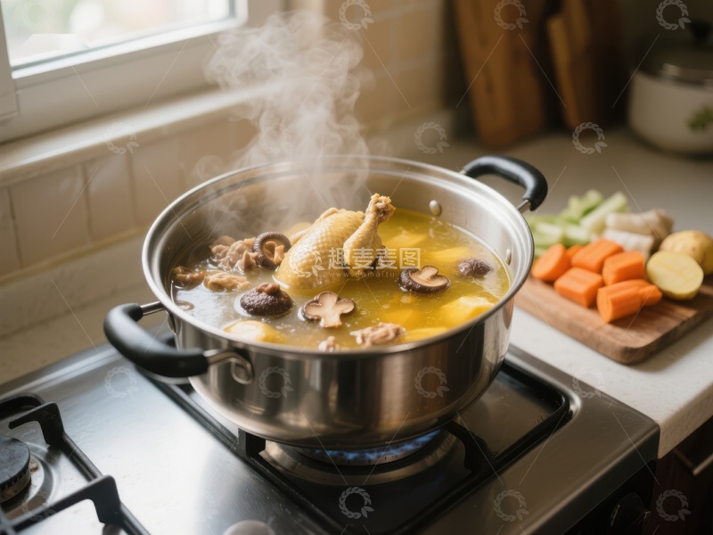 高清大图下载【趣麦麦图】热气腾腾的鸡汤锅正在炖煮