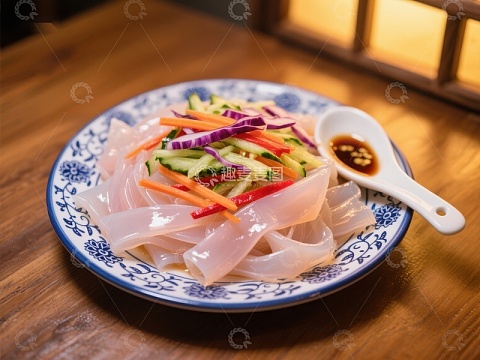 凉拌海蜇配蔬菜，清新爽口