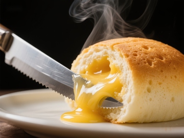 热奶酪面包被刀切开，奶酪流出