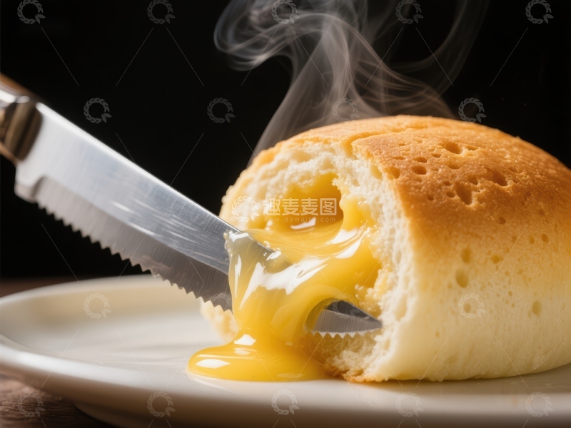 高清大图下载【趣麦麦图】热奶酪面包被刀切开，奶酪流出
