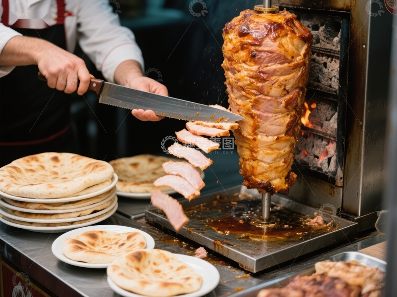 高清大图下载【趣麦麦图】旋转烤肉切片，搭配新鲜面饼