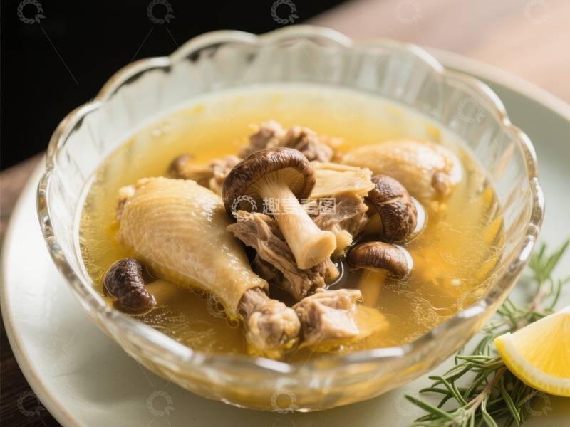 高清大图下载【趣麦麦图】鲜美鸡汤配蘑菇与鸡腿