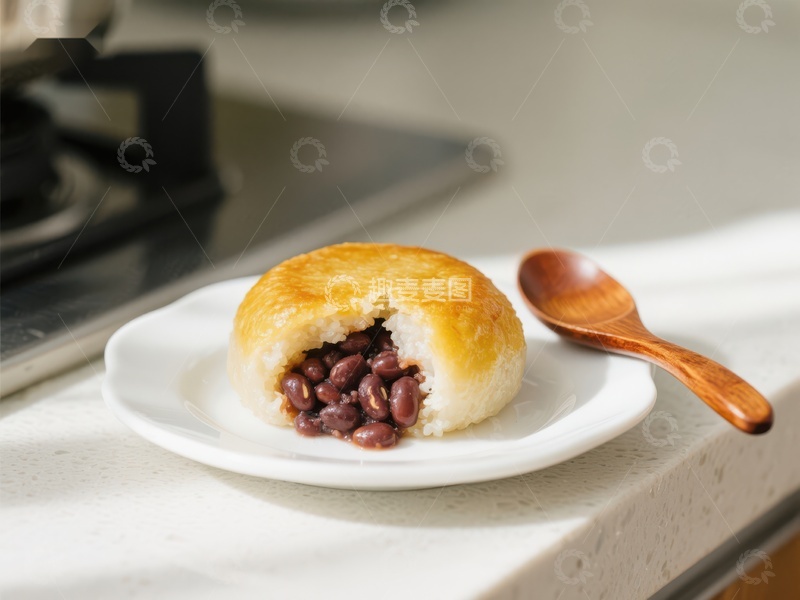 高清大图下载【趣麦麦图】红豆馅饼置于白色碟上，旁配木勺