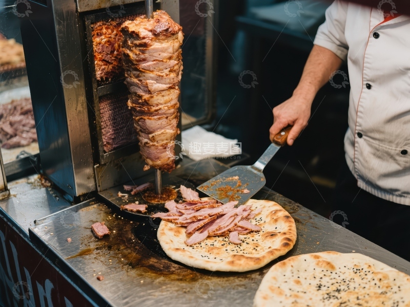 高清大图下载【趣麦麦图】街头美食：烤肉卷饼制作瞬间