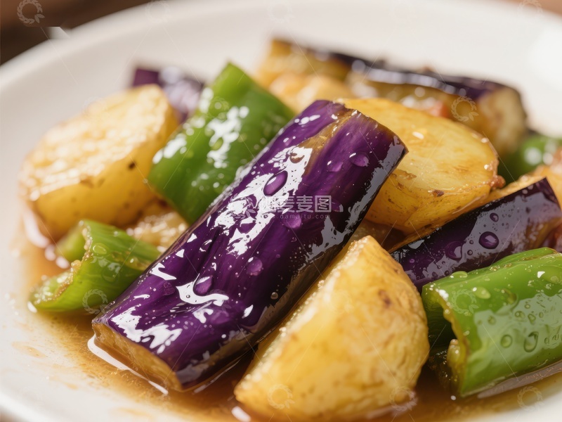 高清大图下载【趣麦麦图】美味炒茄子配土豆和青椒