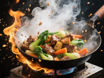 火焰翻炒中的美味菜肴