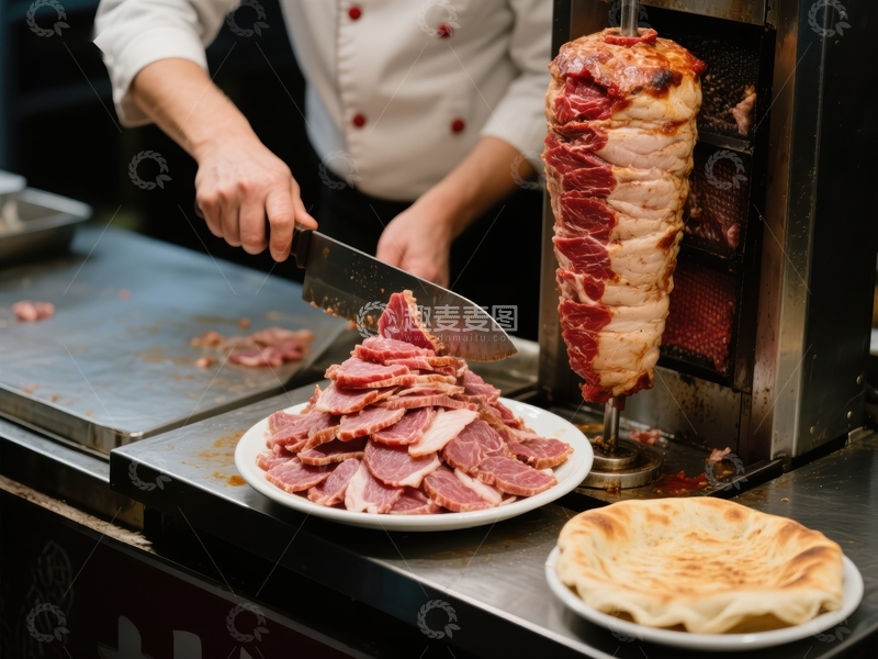 高清大图下载【趣麦麦图】厨师切割旋转烤肉，准备美食