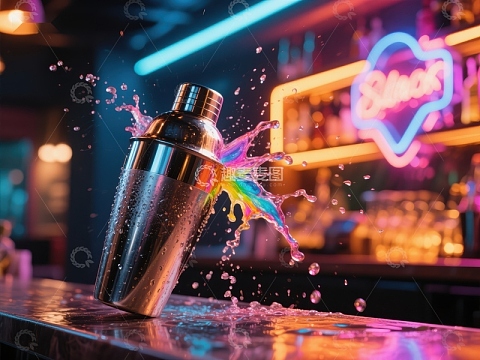霓虹灯光下的调酒器飞溅瞬间