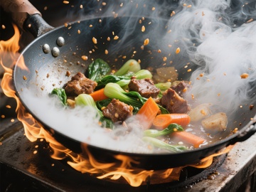 火焰翻炒中的美味中式菜肴