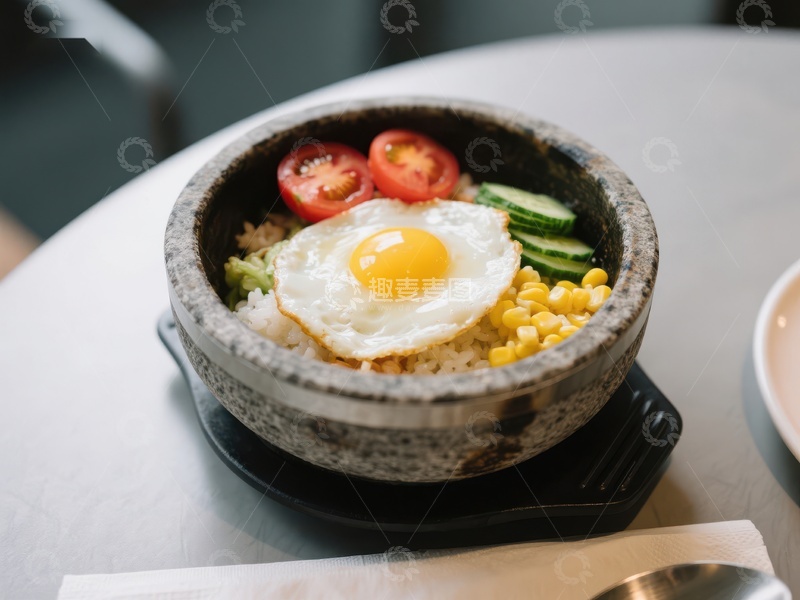 高清大图下载【趣麦麦图】石锅拌饭：煎蛋与蔬菜的美味组合