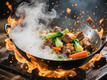 火焰翻炒中的美味菜肴