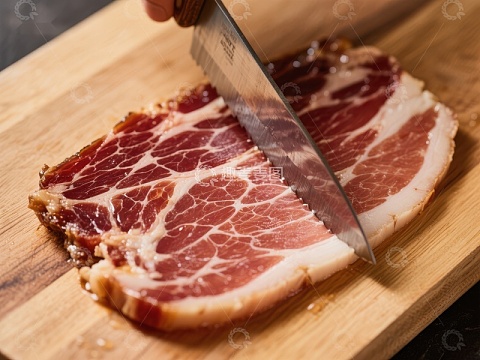 刀切腌制肉片，木板上