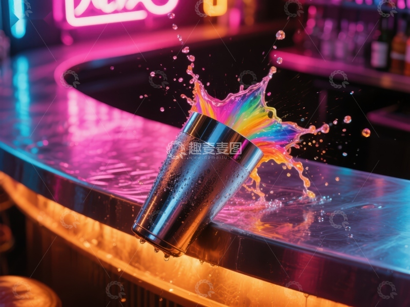 高清大图下载【趣麦麦图】霓虹灯光下酒杯溅起彩虹液体
