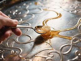 蜂蜜倾泻于金属盘面