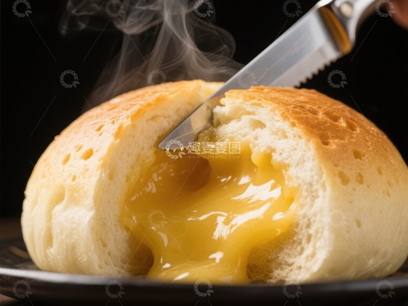 高清大图下载【趣麦麦图】热腾腾的流心面包被刀切开