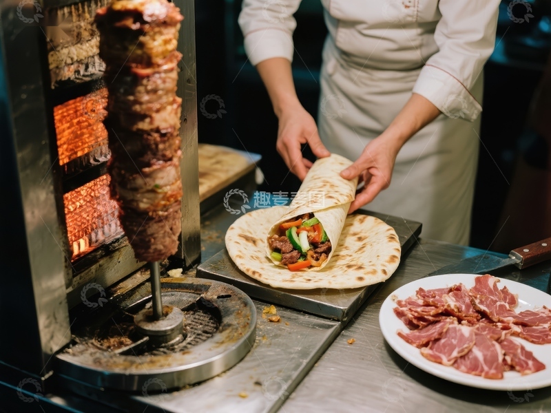 高清大图下载【趣麦麦图】厨师制作烤肉卷饼