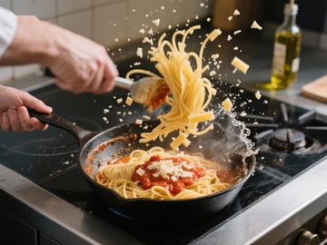 厨师翻炒意大利面的瞬间