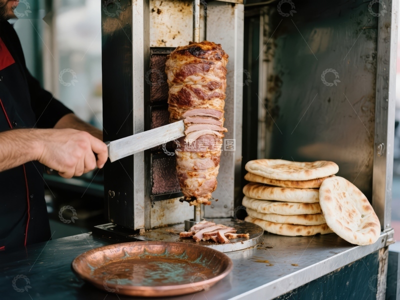 高清大图下载【趣麦麦图】街头烤肉师傅切制旋转烤肉